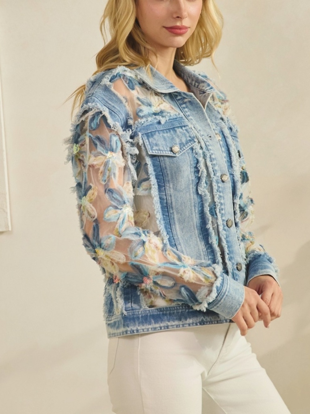 Western Floral Lace Appliqué Semi Sheer Button Down Frayed Jacket - Picture 10 of 13